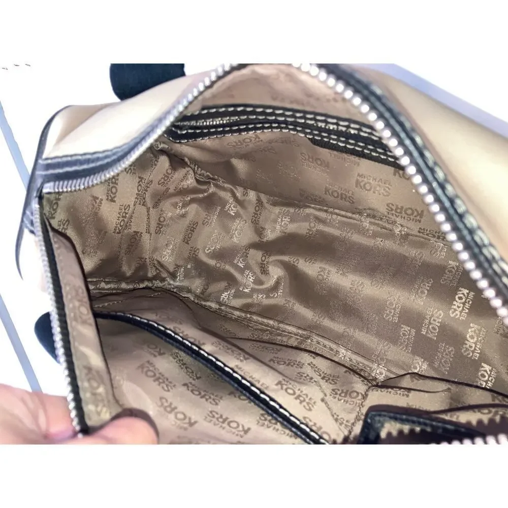 MICHAEL KORS SATIN, CANVAS STRIPED BLINGED MAKEUP DUFFLE BAG